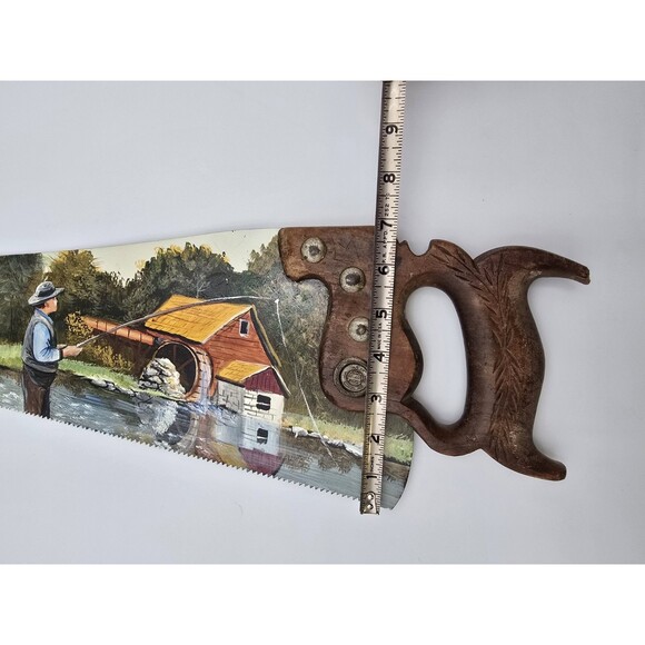 Antique Hand Painted Saw Blade Folk Art Lake River Fishing Scene by a Mill - Picture 7 of 8